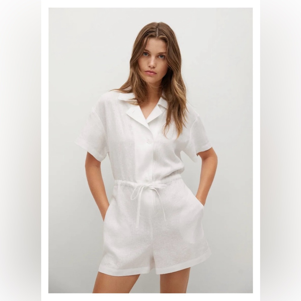 MANGO Off White Linen Collared Short Romper